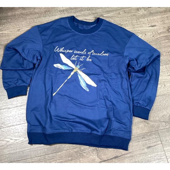 Navy Blue Crewneck Sweatshirt "Whisper Words Of Wisdom" Dragonfly Graphic New L - Picture 1 of 7